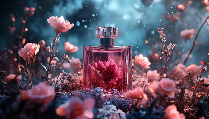 بطری عطر شفاف در میان گل‌های صورتی و آبی با نورپردازی نرم و فضایی جادویی، القاکننده حس لطافت و زیبایی.