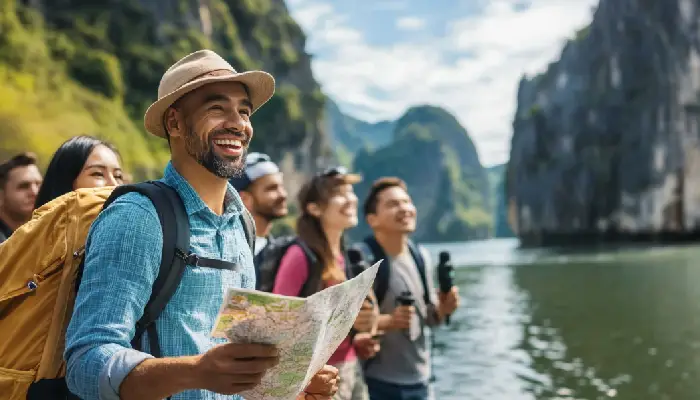 راهنمای تور با نقشه در کنار گردشگران خوشحال در طبیعت