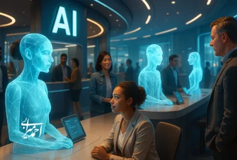 تعامل افراد با آواتارهای هولوگرافیک هوش مصنوعی در یک مرکز خدماتی مدرن.