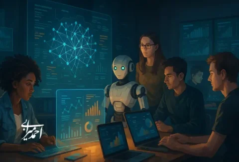 کار تیمی انسان‌ها و ربات در محیطی مدرن با نمایشگرهای داده و هوش مصنوعی