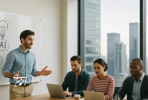 تصویر از جلسه تیمی استارتاپ هوش مصنوعی؛ یک کارآفرین جوان در حال ارائه ایده روی تخته سفید و سه همکار با لپ‌تاپ در حال کار، با نمای برج‌های مدرن شهری در پس‌زمینه