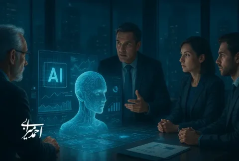 جلسه مدیران با نمایش هولوگرافیک هوش مصنوعی برای بررسی داده‌ها و تصمیم‌گیری.