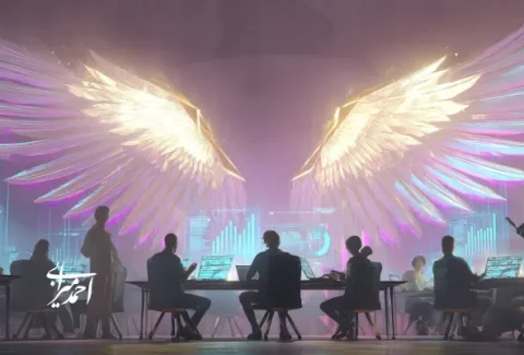 گروهی از افراد در اتاق کنفرانس با نمایشگرهای داده، بال‌های بزرگ و درخشان فرشته‌ای در بالای صحنه به‌عنوان نماد سرمایه‌گذاران فرشته.