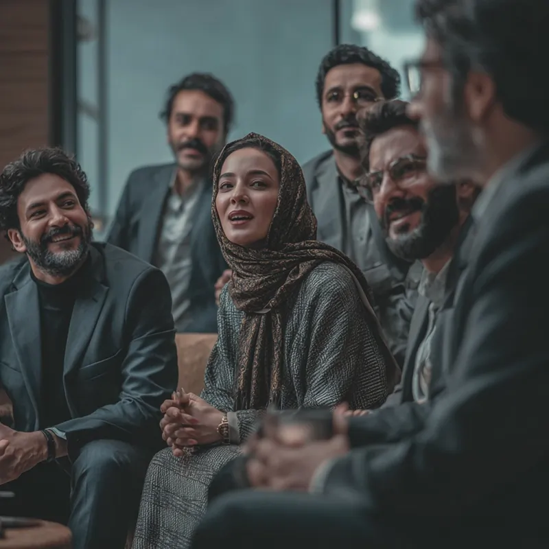 گروهی از افراد در جلسه غیررسمی، با حالتی صمیمی در حال گفتگو و خنده.