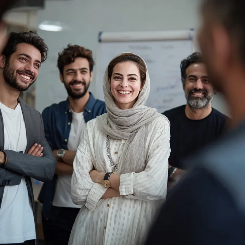 تیم کاری جوان در محیط اداری، زنی با لبخند در مرکز جمع ایستاده است.