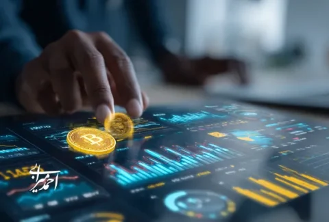 تصویر مفهومی از تحلیل پرتفوی سرمایه‌گذاری دیجیتال با نمودارهای مالی و نماد بیت‌کوین به‌عنوان بخشی از استراتژی تنوع‌بخشی در سرمایه‌گذاری