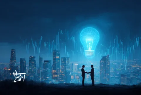 دو نفر در حال دست دادن روی تپه‌ای مشرف به شهر مدرن، با لامپ نئونی آبی بزرگ به‌عنوان نماد نوآوری در پس‌زمینه.