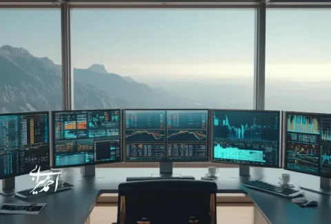 میز کاری با چند مانیتور نمایش‌دهنده نمودارها و داده‌های مالی، در مقابل پنجره‌ای با منظره کوهستانی و چشم‌انداز باز، نماد تحلیل ریسک و مدیریت مالی.