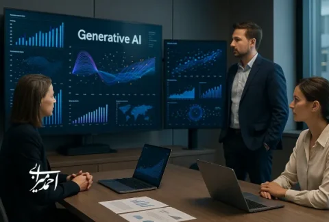 تیمی از مدیران و متخصصان در یک دفتر مدرن در حال بررسی نمودارها و داده‌های مرتبط با هوش مصنوعی مولد (Generative AI) روی نمایشگرهای بزرگ.