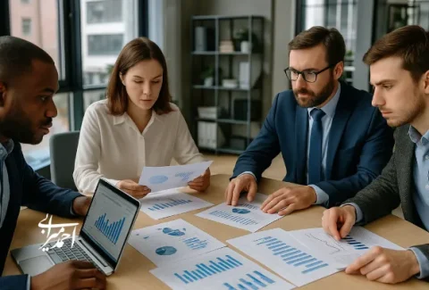 جلسه گروهی سرمایه‌گذاران و تحلیل‌گران مالی در یک دفتر مدرن، در حال بررسی نمودارها و گزارش‌های ریسک سرمایه‌گذاری.