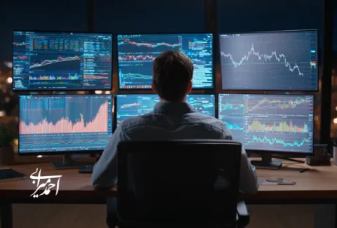 یک معامله‌گر در حال بررسی نمودارهای مالی و داده‌های بازار روی چند مانیتور در یک دفتر مدرن، با نمای شبانه از شهر در پس‌زمینه.