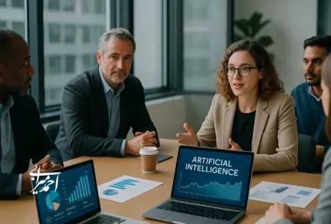 جلسه حرفه‌ای سرمایه‌گذاران با تیم استارتاپ هوش مصنوعی؛ افراد در حال بررسی نمودارها و داده‌های مالی روی لپ‌تاپ‌ها و اسناد هستند.