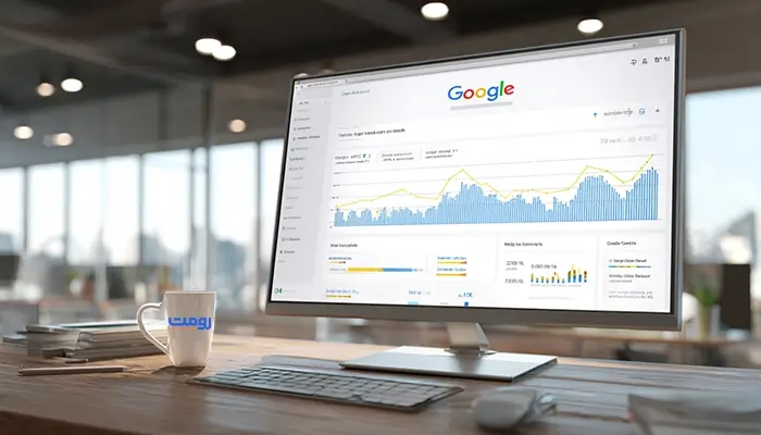 تحلیل داده‌های سئو و ترافیک سایت در Google Analytics روی مانیتور بزرگ در محیط کاری مدرن با فنجان رومِت روی میز
