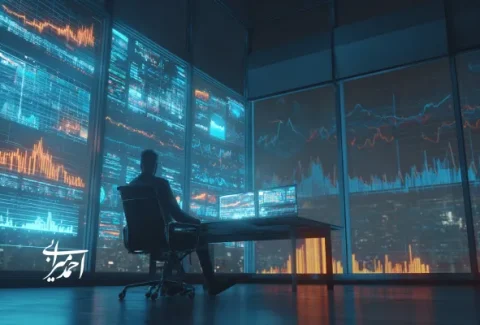 مردی در دفتر مدرن با مانیتورهای متعدد و دیوارهای شیشه‌ای بزرگ، در حال تحلیل نمودارهای مالی و داده‌های دیجیتال.