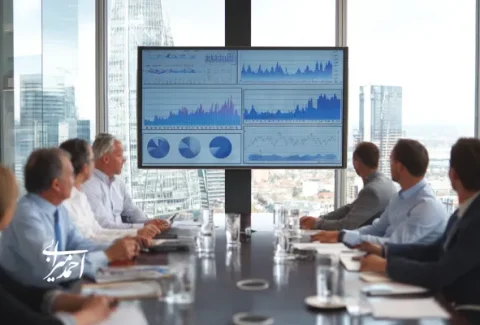 گروهی از مدیران در اتاق کنفرانس مدرن با پنجره‌های شیشه‌ای بزرگ، در حال مشاهده نمودارها و داده‌های تحلیلی روی نمایشگر بزرگ برای بررسی عملکرد مالی و سرمایه‌گذاری.