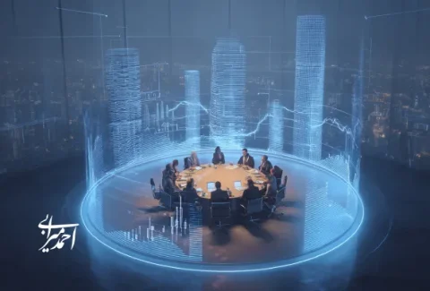 جلسه سرمایه‌گذاران و مدیران دور میز گرد در اتاقی با نمایشگرهای هولوگرافیک سه‌بعدی از شهر و نمودارهای مالی.