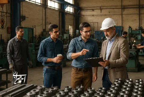 تصویر یک کارگاه صنعتی کوچک در ایران با حضور کارآفرینان و مهندسان در حال بررسی تولیدات؛ نمادی از سرمایه‌گذاری در شرکت‌های کوچک و متوسط (SMEs).