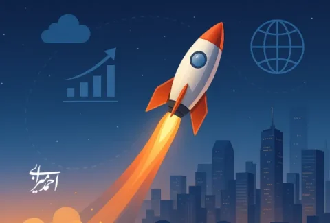 تصویر از موشک استارتاپی در حال پرتاب به آسمان با آیکون‌های دیجیتال و نمودارهای رشد به‌عنوان نماد مقیاس‌پذیری در سرمایه‌گذاری استارتاپ‌ها