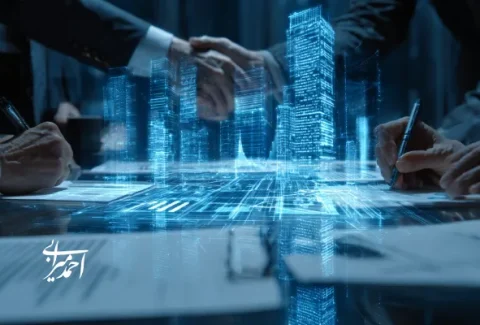 دست‌های افراد در حال امضای قرارداد روی میز شیشه‌ای، با هولوگرام برج‌ها و آسمان‌خراش‌های دیجیتال که از میز برمی‌خیزند.