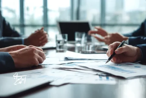 کلوزآپ از جلسه کاری در یک اتاق کنفرانس؛ دست مدیران روی میز با اسناد مالی و نمودارهای تحلیلی در حال بحث و بررسی استراتژی‌های تجاری.