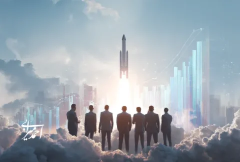 گروهی از سرمایه‌گذاران ایستاده در میان ابرها، نظاره‌گر پرتاب یک موشک نمادین استارتاپ به آسمان، همراه با نمودارهای رشد دیجیتال.