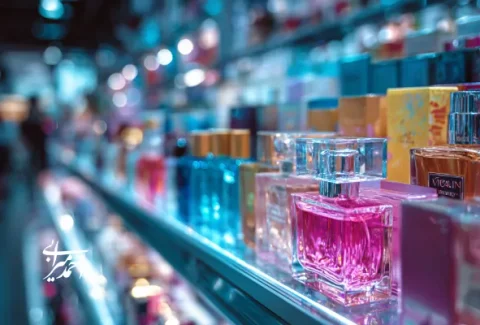 قفسه‌ای نورپردازی‌شده با شیشه‌های عطر و بسته‌بندی‌های رنگارنگ در فروشگاه لوکس لوازم آرایشی.