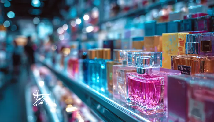 قفسه‌ای نورپردازی‌شده با شیشه‌های عطر و بسته‌بندی‌های رنگارنگ در فروشگاه لوکس لوازم آرایشی.