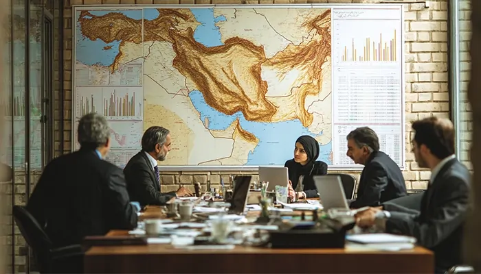 एक बैठक कक्ष में व्यवसायिक टीम ईरान और मध्य पूर्व के मानचित्र के सामने बाजार रणनीति पर चर्चा कर रही है।