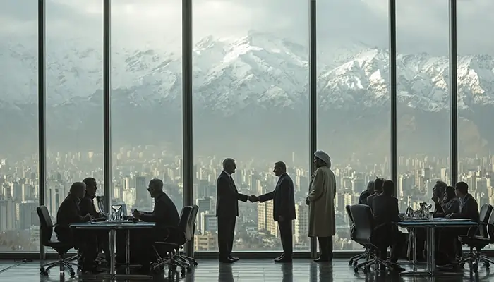 तेहरान शहर में व्यावसायिक बैठक, बर्फ से ढकी अलबोर्ज पहाड़ियों के दृश्य के साथ; अंतरराष्ट्रीय सहयोग और ईरानी बाजार में प्रवेश का प्रतीक।
