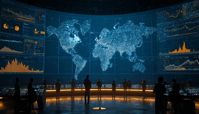 एक डिजिटल कमांड सेंटर जिसमें विश्व मानचित्र और व्यापार डेटा विश्लेषण दिखाया गया है, जो अंतरराष्ट्रीय बाजारों में सफल प्रवेश का प्रतीक है।