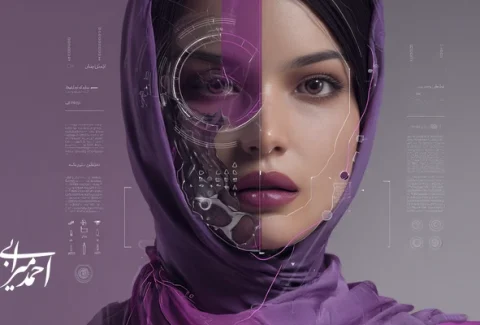 تصویر مفهومی هوش مصنوعی در آرایش: نیم‌رخ چهره با نیمه دیجیتال (HUD/AR) و نیمه طبیعی، با پالت ارغوانی/نقره‌ای؛ نمایش تست مجازی، شخصی‌سازی زیبایی و اصالت‌سنجی QR برای برندهای آرایشی ایرانی.