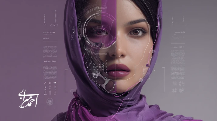 تصویر مفهومی هوش مصنوعی در آرایش: نیمرخ چهره با نیمه دیجیتال (HUD/AR) و نیمه طبیعی، با پالت ارغوانی/نقرهای؛ نمایش تست مجازی، شخصیسازی زیبایی و اصالتسنجی QR برای برندهای آرایشی ایرانی.
