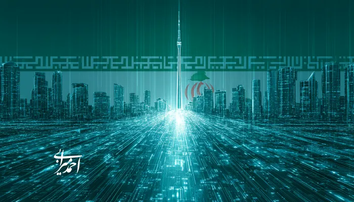 تصویری مفهومی از شهر هوشمند تهران با برج میلاد در مرکز و الگوی پرچم ایران در پس‌زمینه.