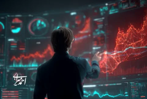 تحلیلگر داده در حال بررسی نمودارهای دیجیتال سه‌بعدی و داده‌های بزرگ روی صفحه‌ای پیشرفته با رنگ‌های قرمز و آبی؛ نمادی از نقش هوش مصنوعی در تحلیل بازار و تصمیم‌گیری‌های هوشمند.