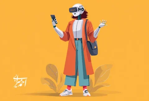 تصویر مفهومی از گردشگر مجهز به هدست واقعیت مجازی و تلفن همراه؛ نمادی از نقش هوش مصنوعی و فناوری در تجربه سفر مدرن