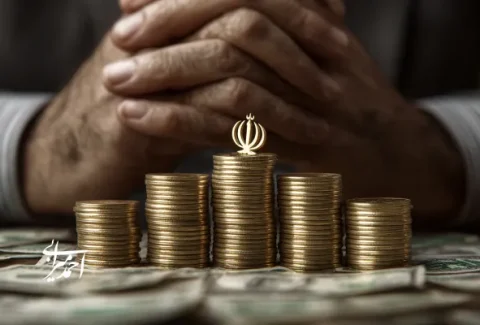 نمای نمادین از رشد سرمایه و سیاست‌های اقتصادی ایران با سکه‌های طلایی و نشان رسمی کشور؛ تمرکز بر مدیریت سرمایه‌گذاری و ریسک مالی.