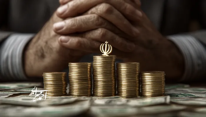 نمای نمادین از رشد سرمایه و سیاستهای اقتصادی ایران با سکههای طلایی و نشان رسمی کشور؛ تمرکز بر مدیریت سرمایهگذاری و ریسک مالی.