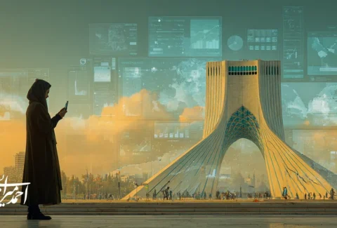 هوش مصنوعی در گردشگری با نمایش مسافر ایرانی و اپلیکیشن سفر حاوی پیشنهادهای شخصی‌سازی‌شده و نمادهای شهری تهران، همراه با نمودارهای داده