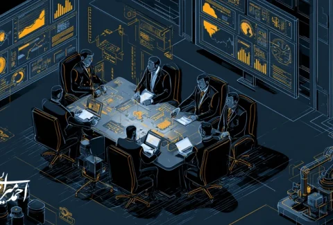 تصویر مفهومی ترندهای هوش مصنوعی ۲۰۲۵ با تمرکز بر اتوماسیون، عامل‌های هوش مصنوعی، حاکمیت داده و آینده کار در فضای مدیریتی کسب‌وکار