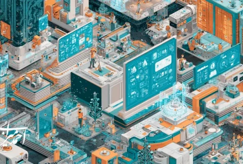 تصویر مفهومی ترندهای هوش مصنوعی ۲۰۲۵ در ایران؛ Agentic AI، Edge AI، داده‌سازی مصنوعی و بهینه‌سازی هزینه GPU در بازآفرینی مدل‌های کسب‌وکار.