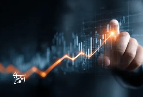 نمایی مفهومی از رشد سرمایه‌گذاری هوش مصنوعی؛ دست انسانی نمودار صعودی داده‌ها را لمس می‌کند