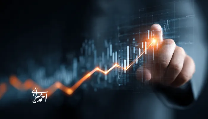 نمایی مفهومی از رشد سرمایه‌گذاری هوش مصنوعی؛ دست انسانی نمودار صعودی داده‌ها را لمس می‌کند