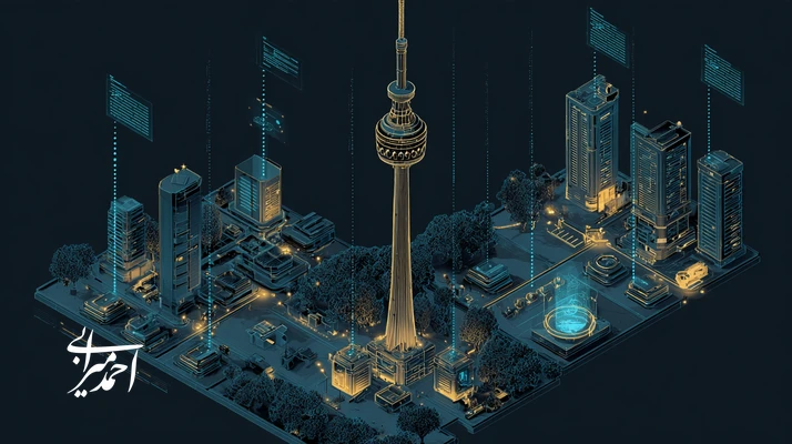 تصویر شاخص هوش سرمایه در سرمایهگذاری خطرپذیر AI ایران با نمایش اتصال دادههای سازمانی، GPU و تیم استارتاپ در کنار نمودارهای ارزشگذاری و آسماننمای تهران