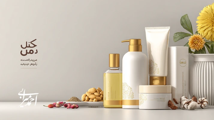 چیدمان فلتلی لوکس طلایی/سفید با بستهبندی برند آرایشی، المانهای بومی ایرانی و اوورلی قیف رشد؛ تصویر شاخص مقاله رشد برند آرایشی در ایران ۲۰۲۵