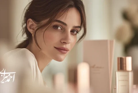 پرتره رهبر برند آرایشی ایرانی در محیط مینیمال لوکس با پالت رزگلد و شیری، نماد رهبری برند آرایشی و اعتمادسازی در ۲۰۲۵