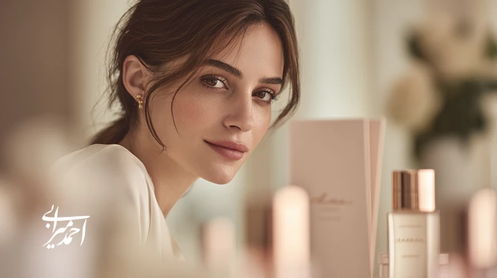 پرتره رهبر برند آرایشی ایرانی در محیط مینیمال لوکس با پالت رزگلد و شیری، نماد رهبری برند آرایشی و اعتمادسازی در ۲۰۲۵