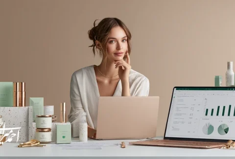 تصویر مفهومی رشد کسب‌وکار آرایشی با تمرکز بر تجربه مشتری، نوآوری محصول و داشبورد داده‌محور برای افزایش نرخ بازخرید