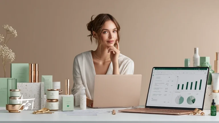 تصویر مفهومی رشد کسب‌وکار آرایشی با تمرکز بر تجربه مشتری، نوآوری محصول و داشبورد داده‌محور برای افزایش نرخ بازخرید