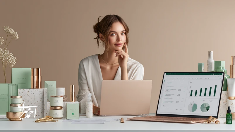 تصویر مفهومی رشد کسب‌وکار آرایشی با تمرکز بر تجربه مشتری، نوآوری محصول و داشبورد داده‌محور برای افزایش نرخ بازخرید