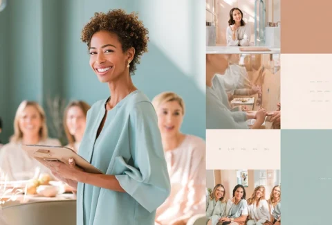 مشاور زیبایی حرفه‌ای در حال مربی‌گری تیم با نمودارهای داده و خط زمانی ۶۰روزه؛ نماد اعتماد برند و توسعه فردی در صنعت زیبایی